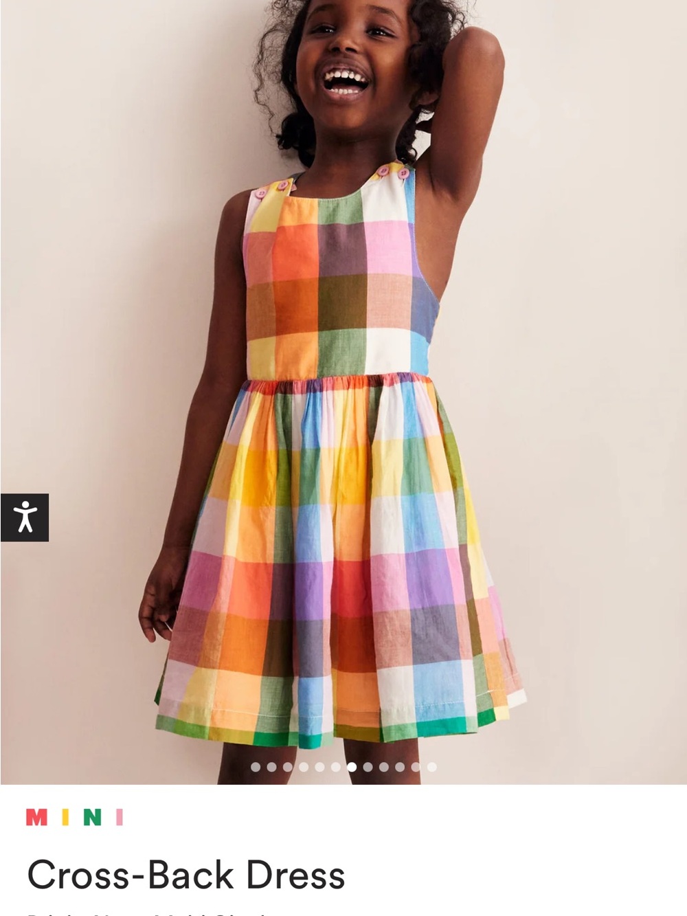 ISO Mini Boden Cross-Back Kids Dress in Multicolor Gingham
